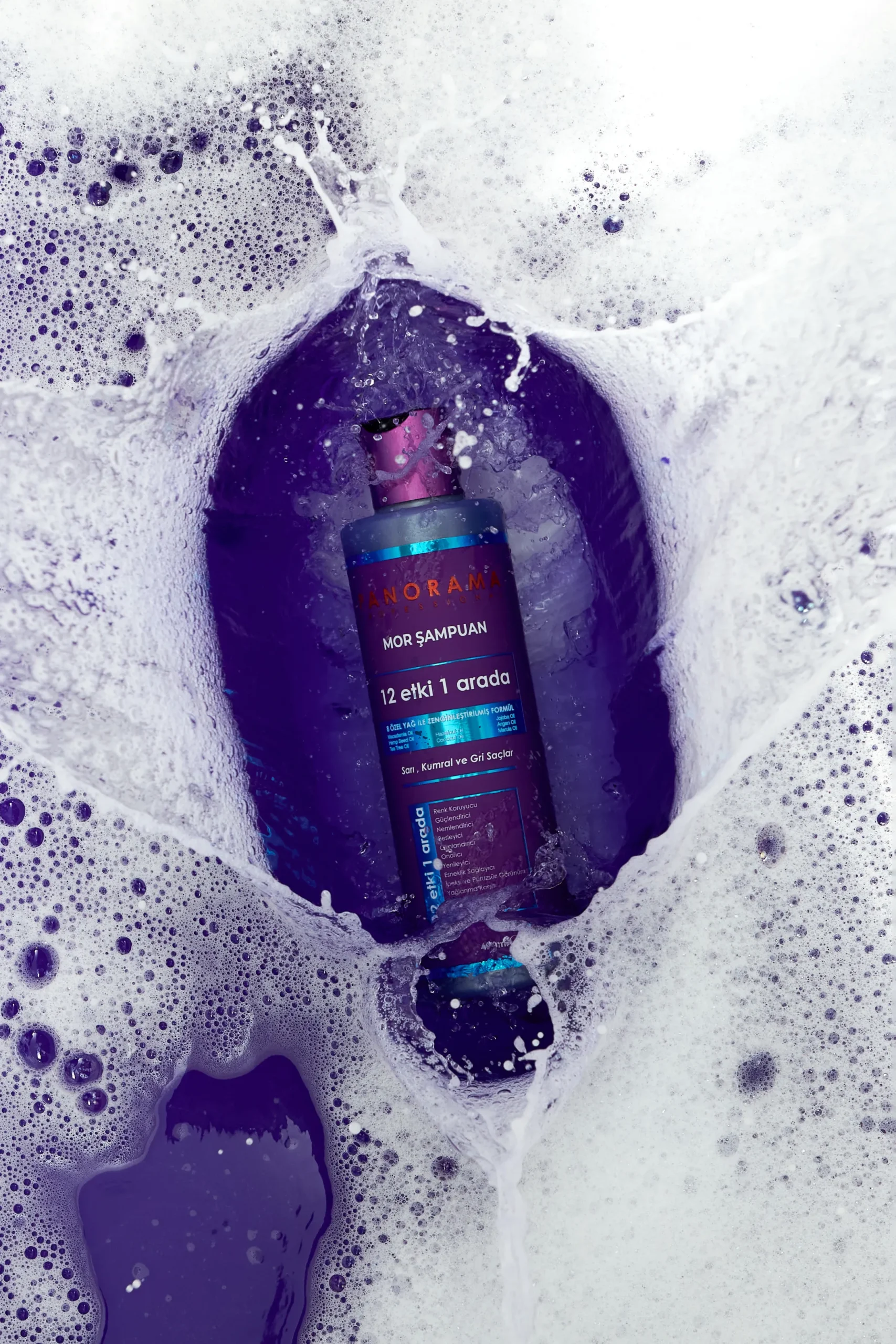 Sampon mov profesional pentru par blond si gri Panorama Purple Shampoo, 400ml, baie