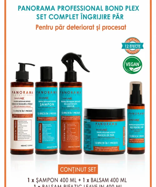 Set complet (sampon, balsam, leavei-in, mască și ulei păr) Panorama Professional Bond Plex pentru păr deteriorat si procesat, cu Ulei de Argan, Jojoba, Arbore de Ceai si Canepa, 12 in 1