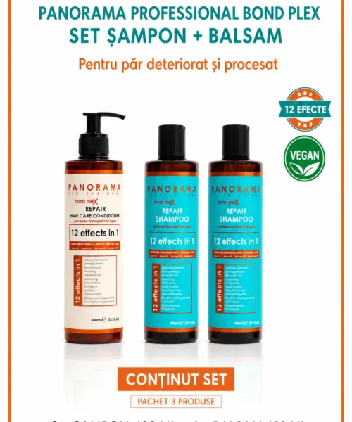 Set 2 sampone si balsam Panorama Professional Bond Plex pentru păr deteriorat si procesat, cu Ulei de Argan, Jojoba, Arbore de Ceai si Canepa, 12 in 1