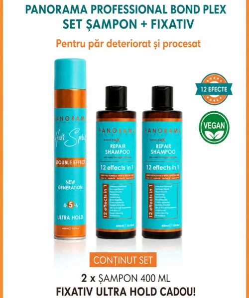 Set 2 sampoane + fixativ hold 5 GRATUIT - Panorama Professional Bond Plex pentru par deteriorat si procesat, cu Ulei de Argan, Jojoba, Arbore de Ceai si Canepa, 12 in 1