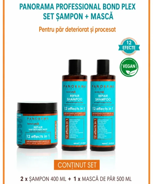 Set 2 sampone si mască de păr Panorama Professional Bond Plex pentru păr deteriorat si procesat, cu Ulei de Argan, Jojoba, Arbore de Ceai si Canepa, 12 in 1