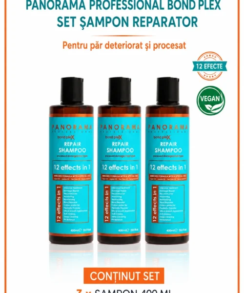 Set de 3 sampone Panorama Professional Bond Plex pentru par deteriorat si procesat, cu Ulei de Argan, Jojoba, Arbore de Ceai si Canepa, 12 in 1