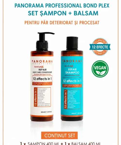 Set sampon și balsam Panorama Professional Bond Plex pentru par deteriorat si procesat, cu Ulei de Argan, Jojoba, Arbore de Ceai si Canepa, 12 in 1