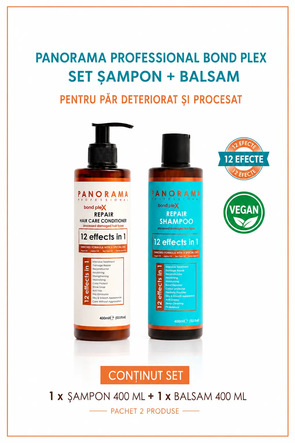 Set sampon și balsam Panorama Professional Bond Plex pentru par deteriorat si procesat, cu Ulei de Argan, Jojoba, Arbore de Ceai si Canepa, 12 in 1