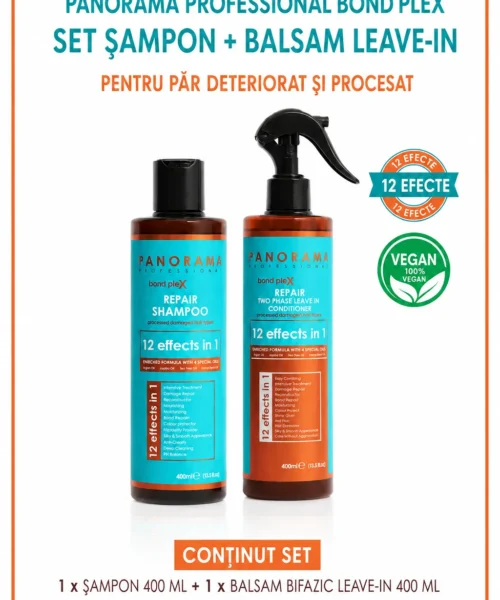 Set sampon, și balsam leave-in Panorama Professional Bond Plex pentru par deteriorat si procesat, cu Ulei de Argan, Jojoba, Arbore de Ceai si Canepa, 12 in 1