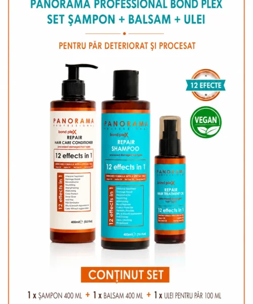 Set sampon, balsam si ulei Panorama Professional Bond Plex pentru par deteriorat si procesat, cu Ulei de Argan, Jojoba, Arbore de Ceai si Canepa, 12 in 1