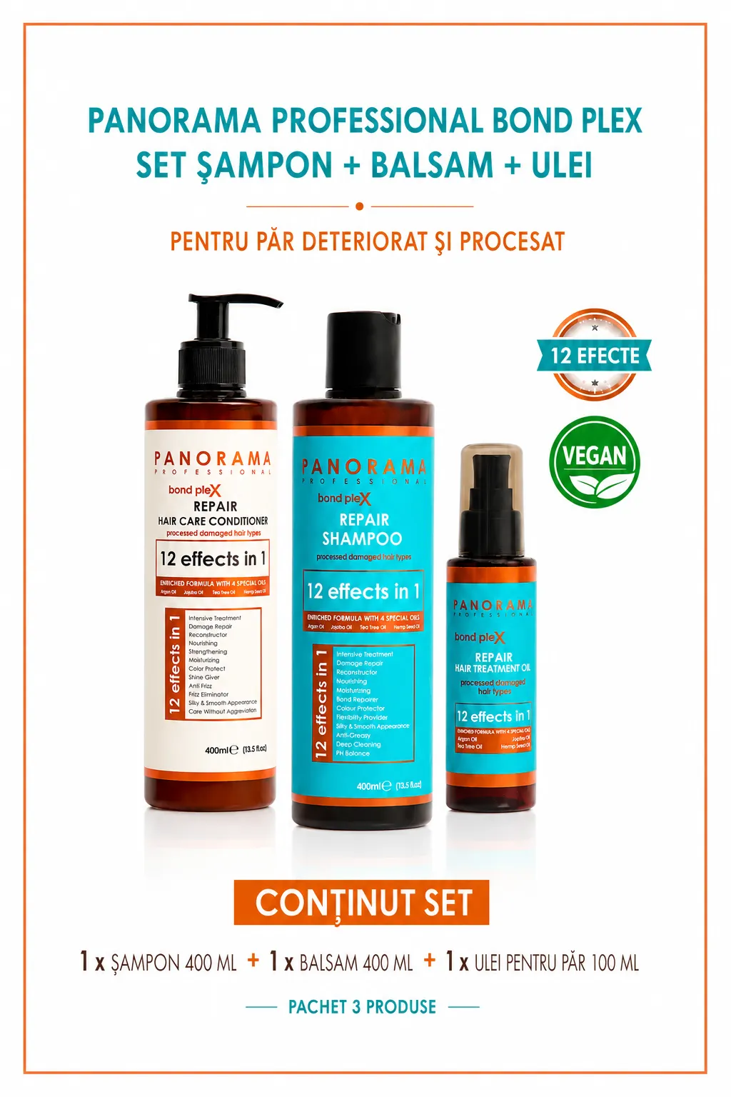 Set sampon, balsam si ulei Panorama Professional Bond Plex pentru par deteriorat si procesat, cu Ulei de Argan, Jojoba, Arbore de Ceai si Canepa, 12 in 1