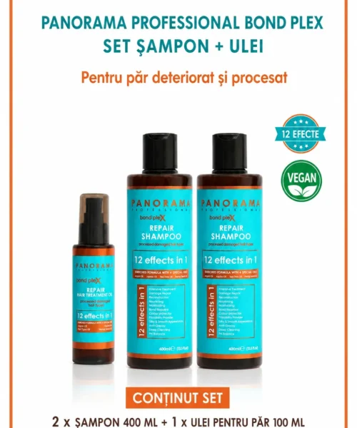 Set 2 sampone si ulei de păr Panorama Professional Bond Plex pentru păr deteriorat si procesat, cu Ulei de Argan, Jojoba, Arbore de Ceai si Canepa, 12 in 1